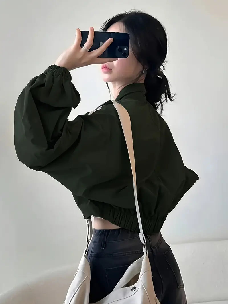 Chaqueta Casual de Mujer con Cuello Alto y Mangas Farol – Estilo Coreano Japonés