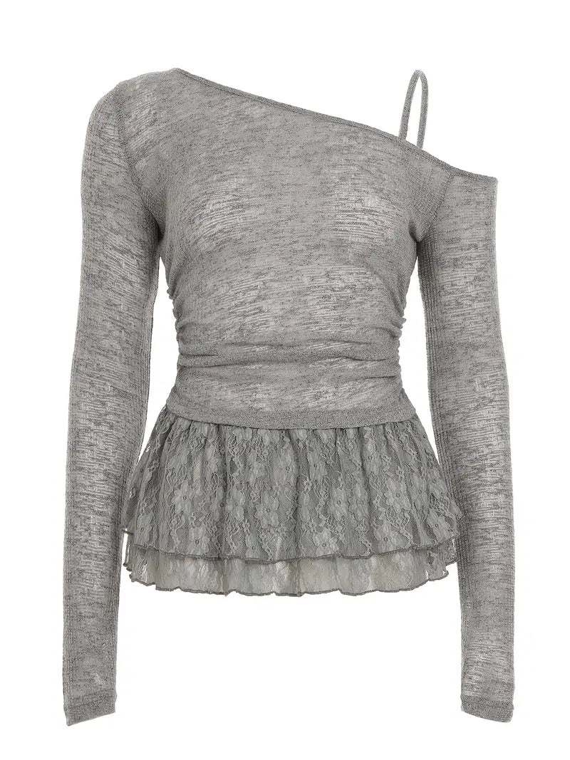 Top Corto de Manga Larga con Encaje Negro y Volantes Superpuestos – Estilo Y2K