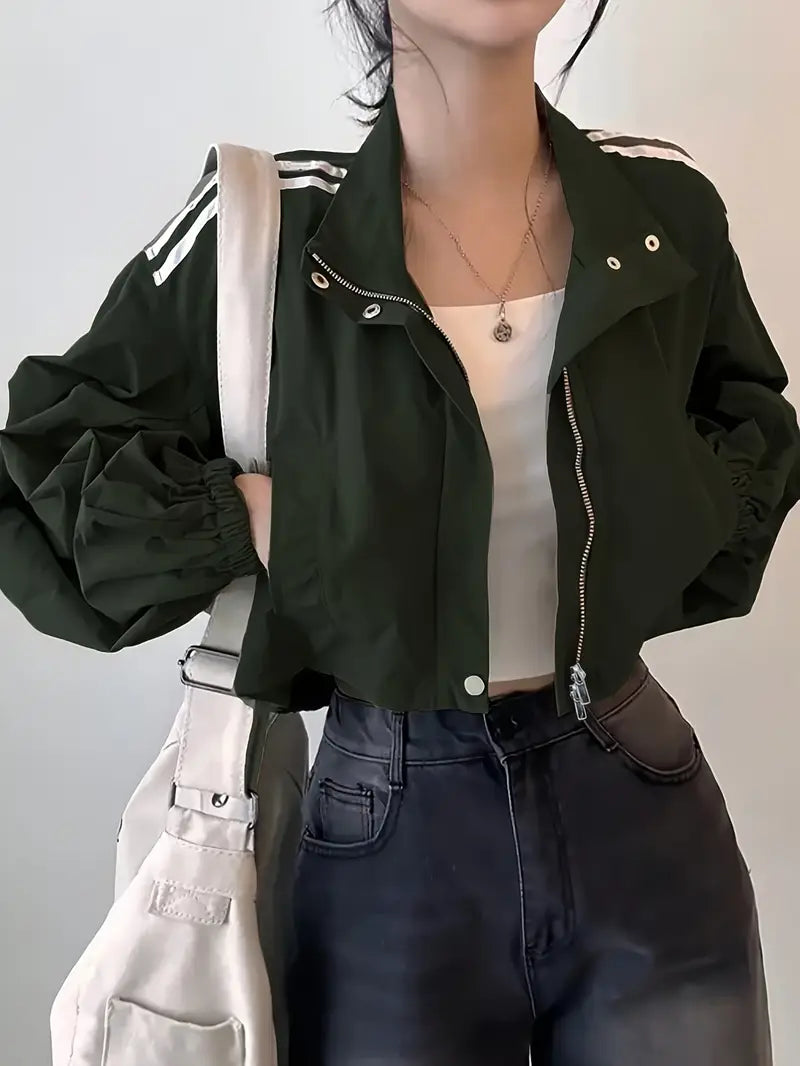 Chaqueta Casual de Mujer con Cuello Alto y Mangas Farol – Estilo Coreano Japonés