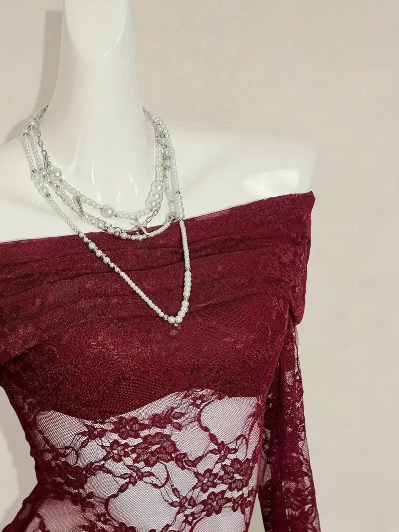 Top Sexy de Encaje con Hombros Descubiertos para Mujer