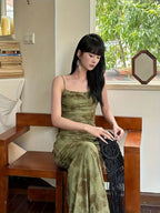 Vestido Floral Verde de Hombro Descubierto con Tirantes Ajustables