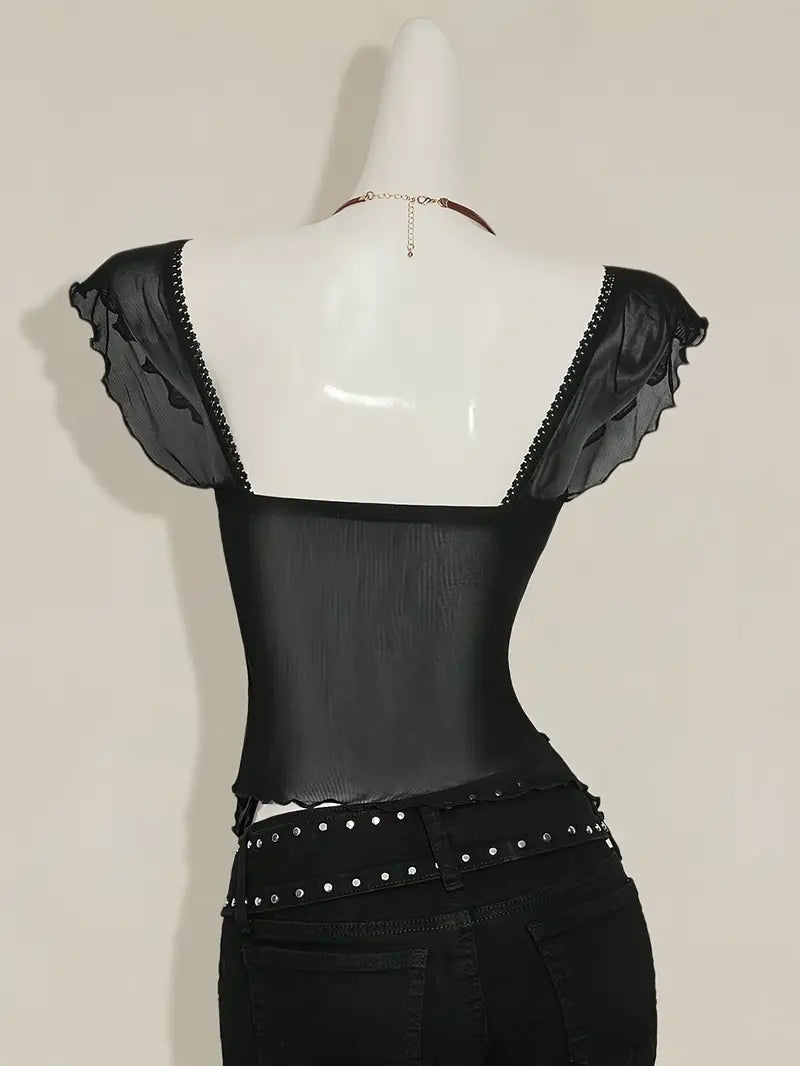 Top de Tirantes con Plisados y Paneles Transparentes – Estilo Y2K para Mujer