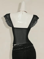 Top de Tirantes con Plisados y Paneles Transparentes – Estilo Y2K para Mujer