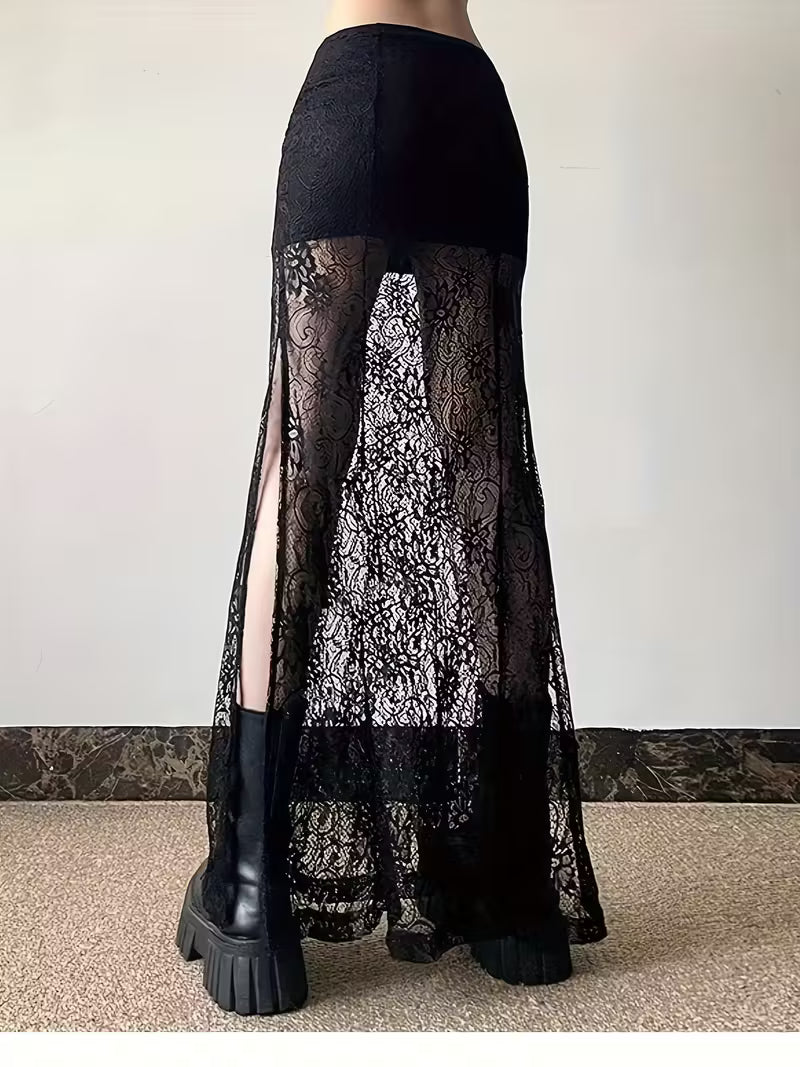 Falda Larga Semitransparente con Encaje – Cintura Alta y Corte Elegante para Mujer