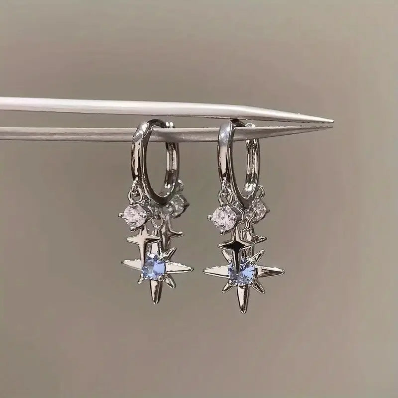 Pendientes Colgantes de Estrella con Piedras Azules – Set de 2 Piezas, Estilo Vintage y Encantador