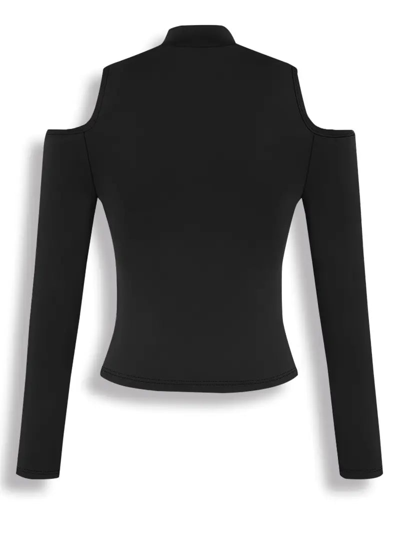 Top Corto de Hombros Fríos con Cuello Alto Estilo Y2K — Moda Casual y Versátil para Todas las Estaciones