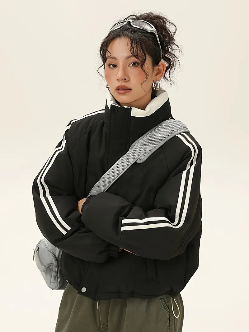 Chaqueta Térmica de Invierno Azul y Blanca para Mujer – Corte H y Forro Marrón