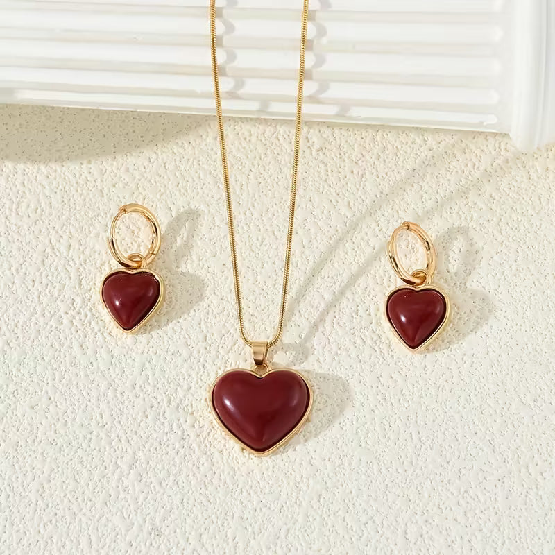 Set de Joyería de 3 Piezas con Colgante de Corazón Rojo – Collar y Aretes Elegantes para Mujer
