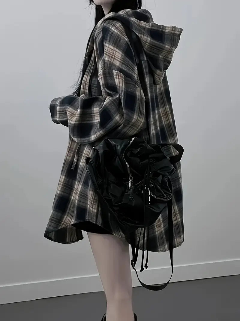Blusa Coreana de Moda para Mujer – Camisa a Cuadros Blanco y Negro, Manga Larga con Botones, Estilo Chic y Versátil