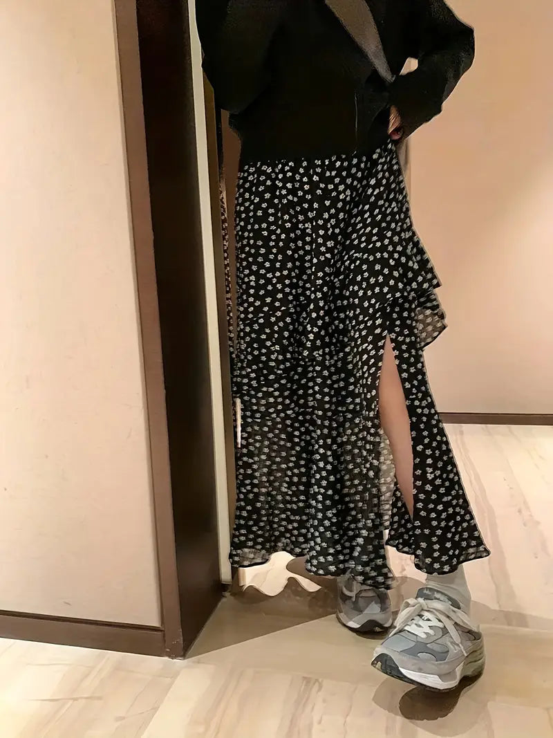 Falda Maxi Floral Elegante para Mujer – Cintura Alta con Abertura Lateral