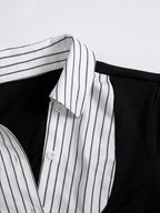 Blusa de Manga Corta Estilo Y2K con Cuello y Puños a Rayas — Camisa Abotonada Femenina y Versátil para Todas las Estaciones - BAKONE