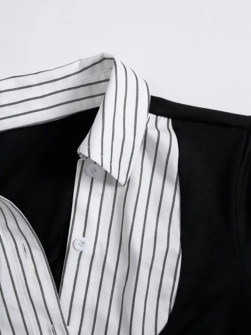 Blusa de Manga Corta Estilo Y2K con Cuello y Puños a Rayas — Camisa Abotonada Femenina y Versátil para Todas las Estaciones - BAKONE