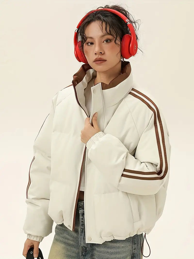 Chaqueta Térmica de Invierno Azul y Blanca para Mujer – Corte H y Forro Marrón