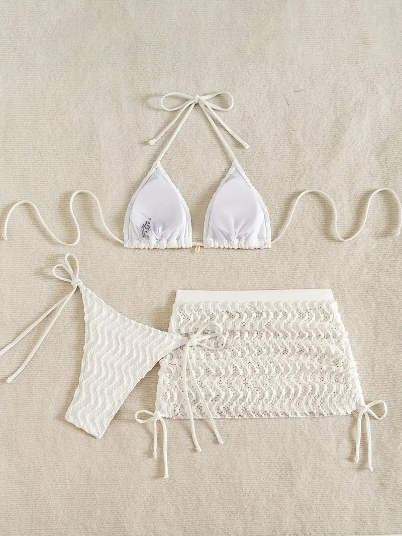 Conjunto de Bikini 2025 con Collar Colgante y Falda de Malla – Estilo Elegante y Sofisticado para Mujer