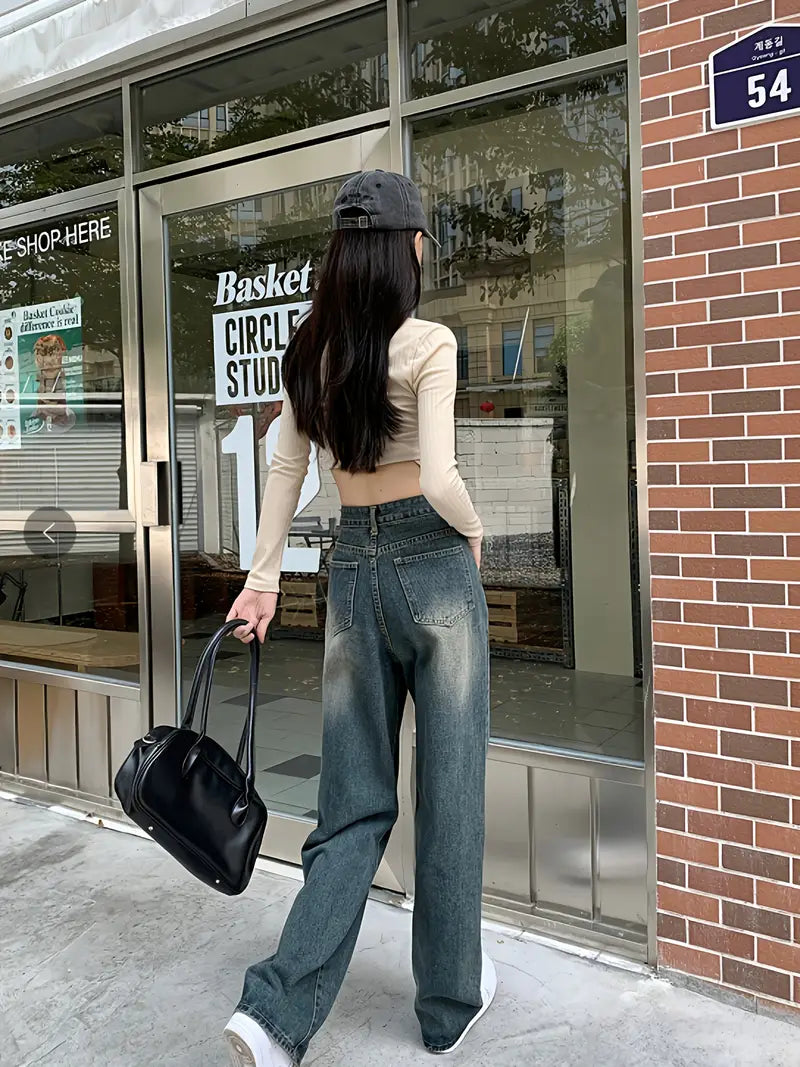 Pantalones Vaqueros Vintage de Pierna Ancha y Largo Hasta el Suelo – Cintura Alta, Corte Recto, Estilo Casual o de Oficina