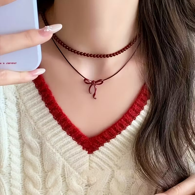 Collar Doble de Cuentas Rojas Estilo Vintage – Dúo Romántico Bohemio