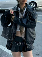 Chaqueta Biker Negra para Mujer – Estilo Moto con Cremallera y Corte Holgado - BAKONE