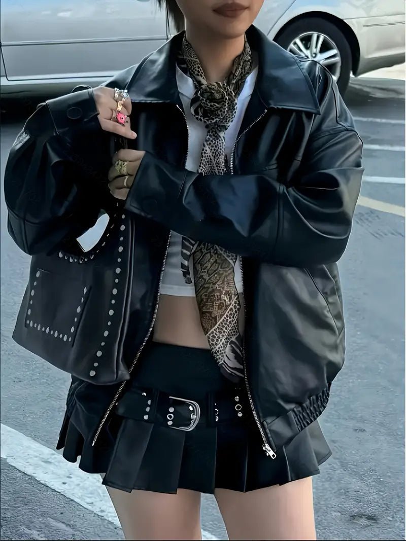 Chaqueta Biker Negra para Mujer – Estilo Moto con Cremallera y Corte Holgado - BAKONE