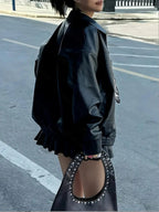 Chaqueta Biker Negra para Mujer – Estilo Moto con Cremallera y Corte Holgado - BAKONE