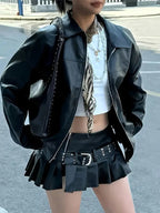 Chaqueta Biker Negra para Mujer – Estilo Moto con Cremallera y Corte Holgado - BAKONE