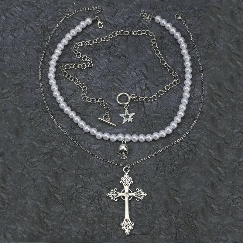Conjunto de 3 Collares con Colgante de Cruz y Estrella – Estilo Punk Gótico Vintage - BAKONE