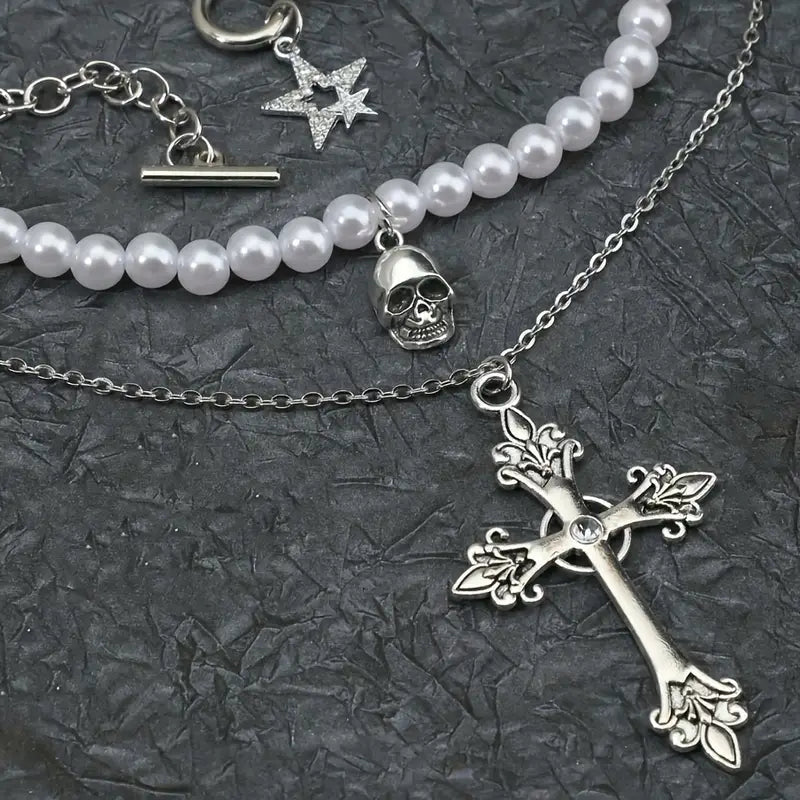 Conjunto de 3 Collares con Colgante de Cruz y Estrella – Estilo Punk Gótico Vintage - BAKONE