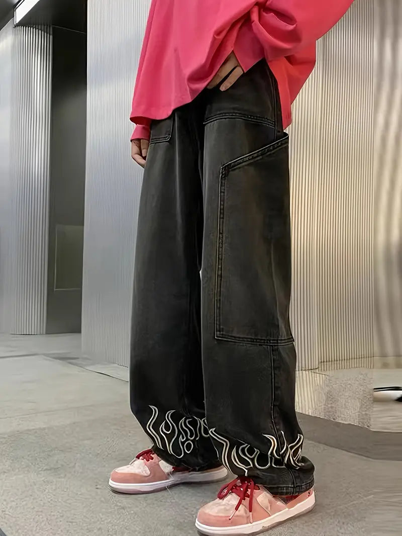 Jeans Urban Retro – Estilo Rústico Americano con Bordado de Fuego