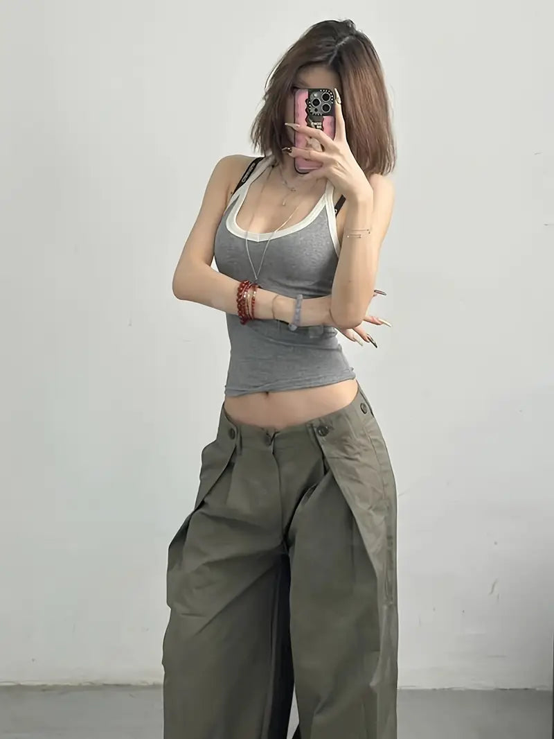 Top Corto Sin Mangas de Bloque de Color en Gris — Estilo Americano Vintage Casual Chic