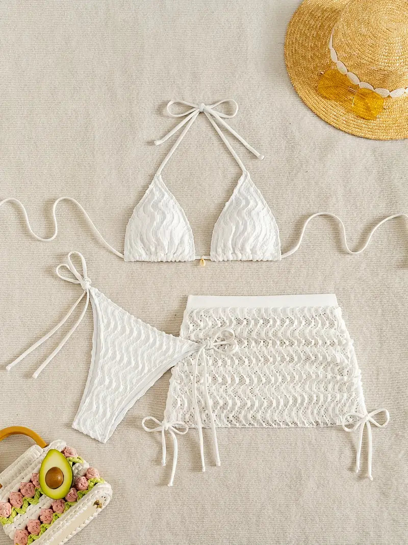 Conjunto de Bikini 2025 con Collar Colgante y Falda de Malla – Estilo Elegante y Sofisticado para Mujer