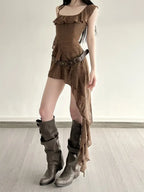 Vestido Bohemio Asimétrico con Cuello Cuadrado y Volantes