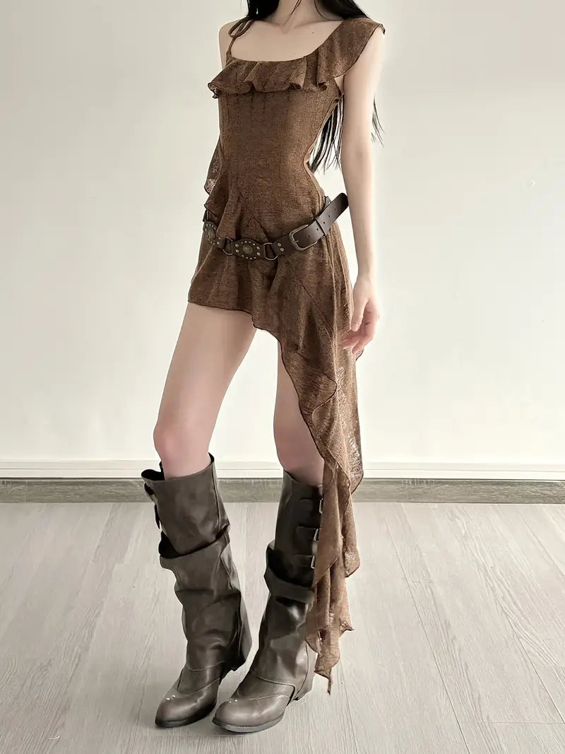 Vestido Bohemio Asimétrico con Cuello Cuadrado y Volantes