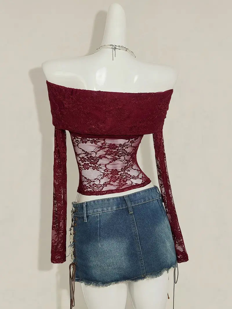 Top Sexy de Encaje con Hombros Descubiertos para Mujer