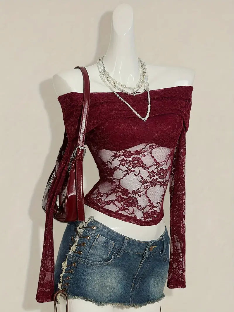 Top Sexy de Encaje con Hombros Descubiertos para Mujer