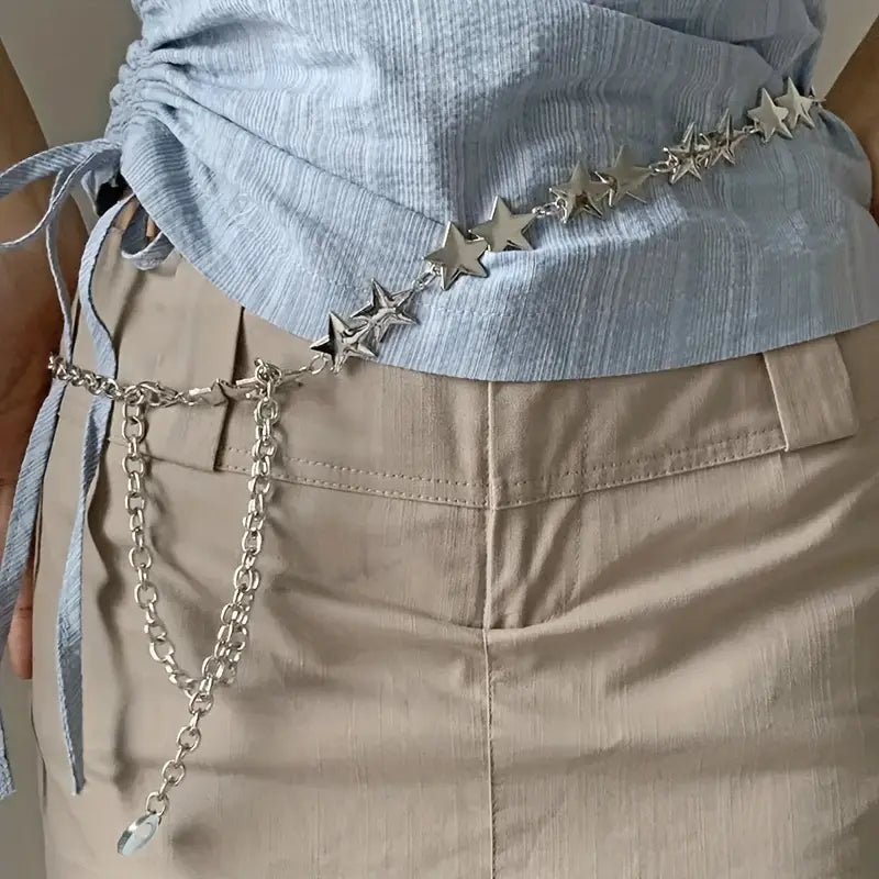 Cinturón Metálico Plateado con Estrellas – Cadena Decorativa de Cintura Estilo Y2K