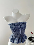 Camiseta Corta Elegante con Volantes y Lazo – Azul Marino