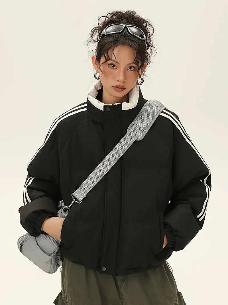 Chaqueta Térmica de Invierno Azul y Blanca para Mujer – Corte H y Forro Marrón