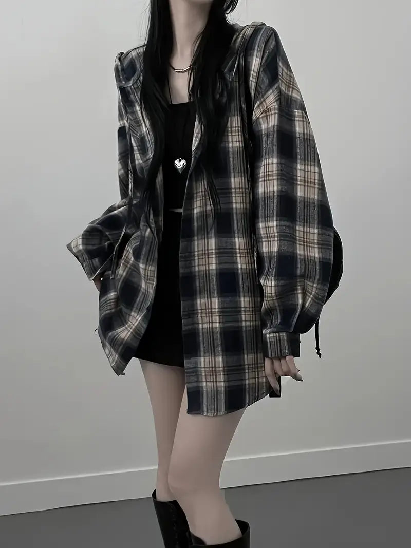 Blusa Coreana de Moda para Mujer – Camisa a Cuadros Blanco y Negro, Manga Larga con Botones, Estilo Chic y Versátil