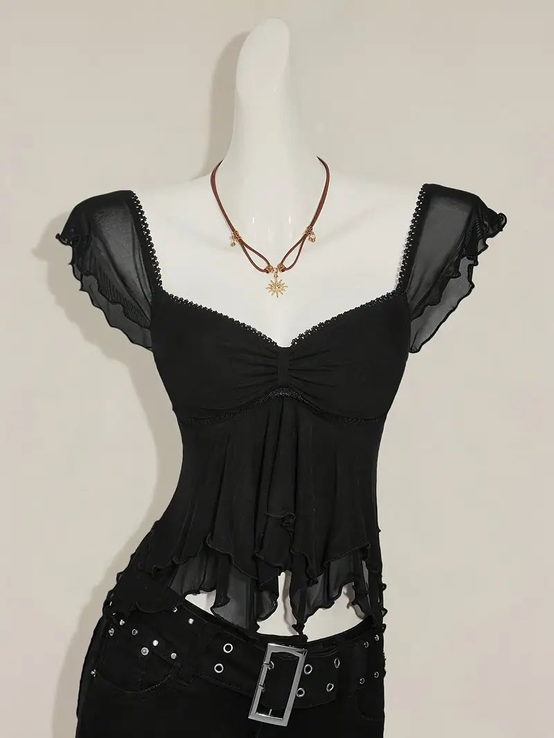 Top de Tirantes con Plisados y Paneles Transparentes – Estilo Y2K para Mujer