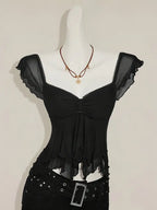 Top de Tirantes con Plisados y Paneles Transparentes – Estilo Y2K para Mujer