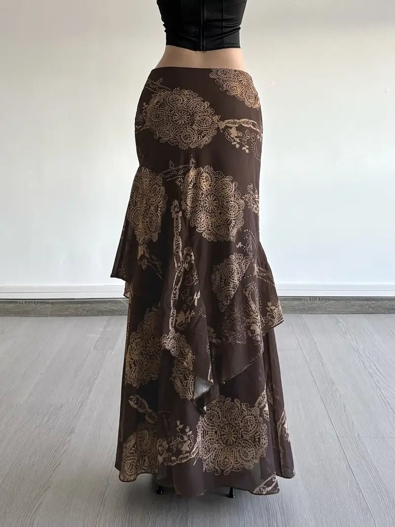 Falda Vintage Francesa con Estampado Barroco Dorado y Dobladillo Asimétrico — Cintura Baja y Textura Brillante, Elegancia Retro para Verano - BAKONE