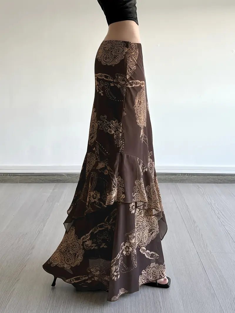 Falda Vintage Francesa con Estampado Barroco Dorado y Dobladillo Asimétrico — Cintura Baja y Textura Brillante, Elegancia Retro para Verano - BAKONE