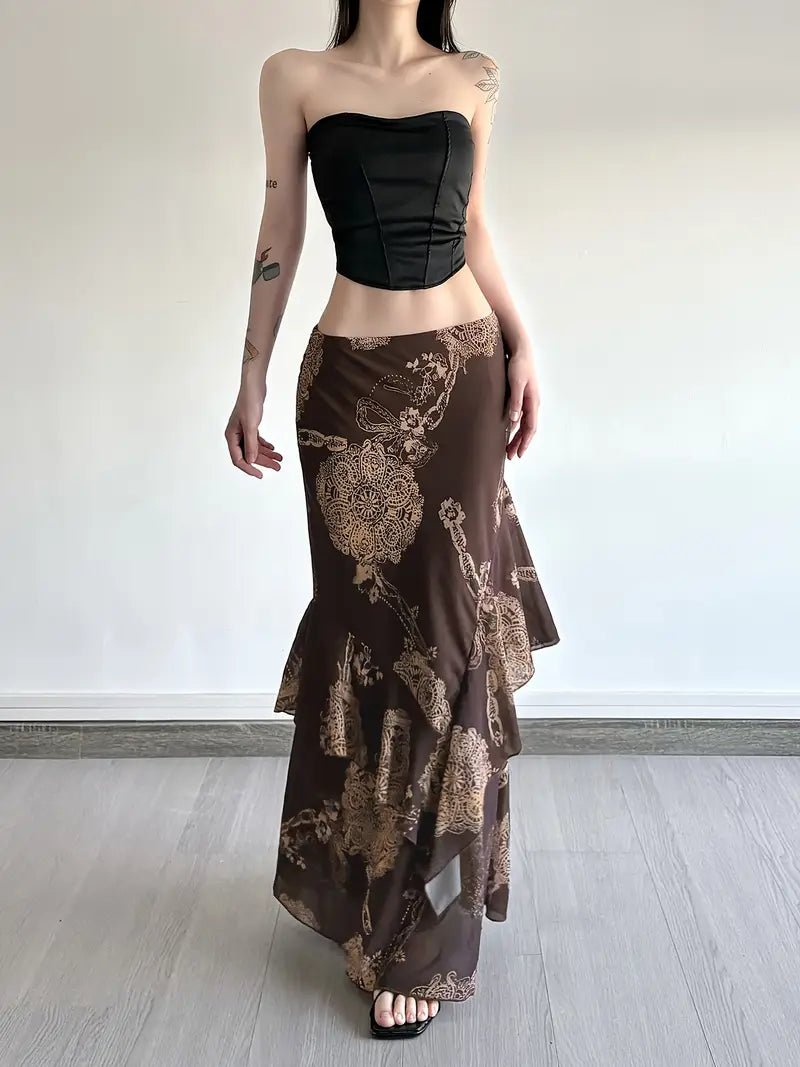 Falda Vintage Francesa con Estampado Barroco Dorado y Dobladillo Asimétrico — Cintura Baja y Textura Brillante, Elegancia Retro para Verano - BAKONE