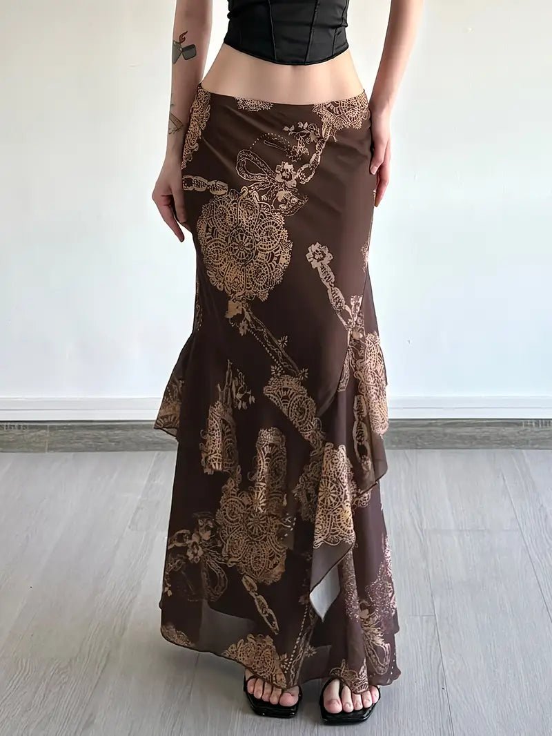 Falda Vintage Francesa con Estampado Barroco Dorado y Dobladillo Asimétrico — Cintura Baja y Textura Brillante, Elegancia Retro para Verano - BAKONE