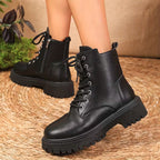 Botas combat de Plataforma con Cordones – Botas Cortas de Cuero Sintético para Mujer