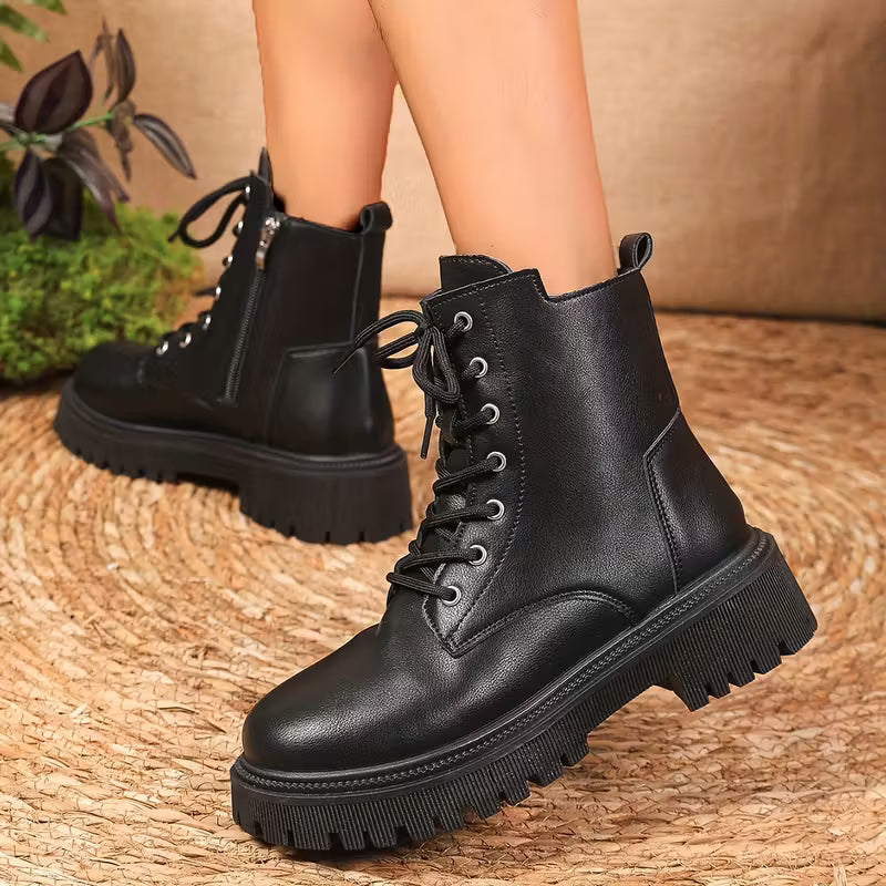 Botas combat de Plataforma con Cordones – Botas Cortas de Cuero Sintético para Mujer