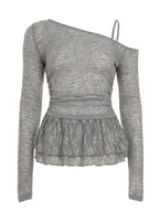 Top Corto de Manga Larga con Encaje Negro y Volantes Superpuestos – Estilo Y2K - BAKONE