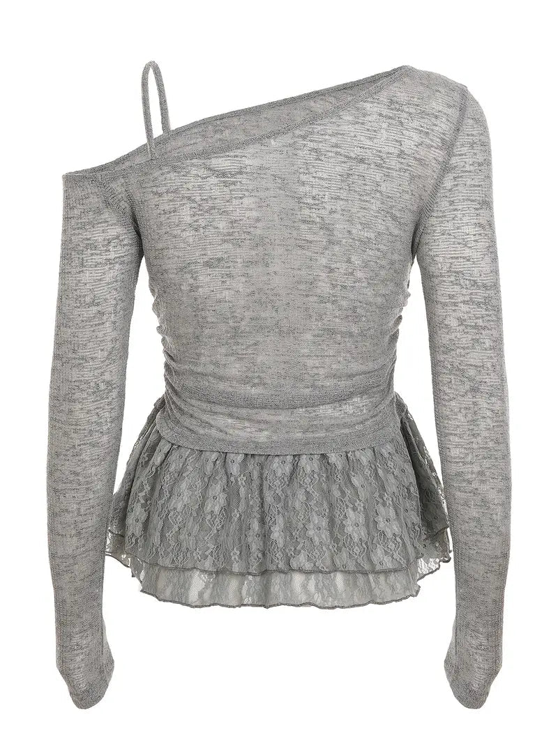 Top Corto de Manga Larga con Encaje Negro y Volantes Superpuestos – Estilo Y2K - BAKONE