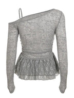 Top Corto de Manga Larga con Encaje Negro y Volantes Superpuestos – Estilo Y2K - BAKONE