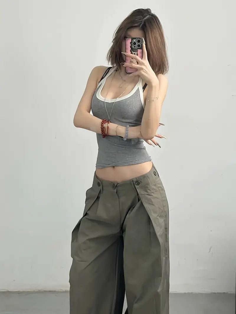 Top Corto Sin Mangas de Bloque de Color en Gris — Estilo Americano Vintage Casual Chic - BAKONE