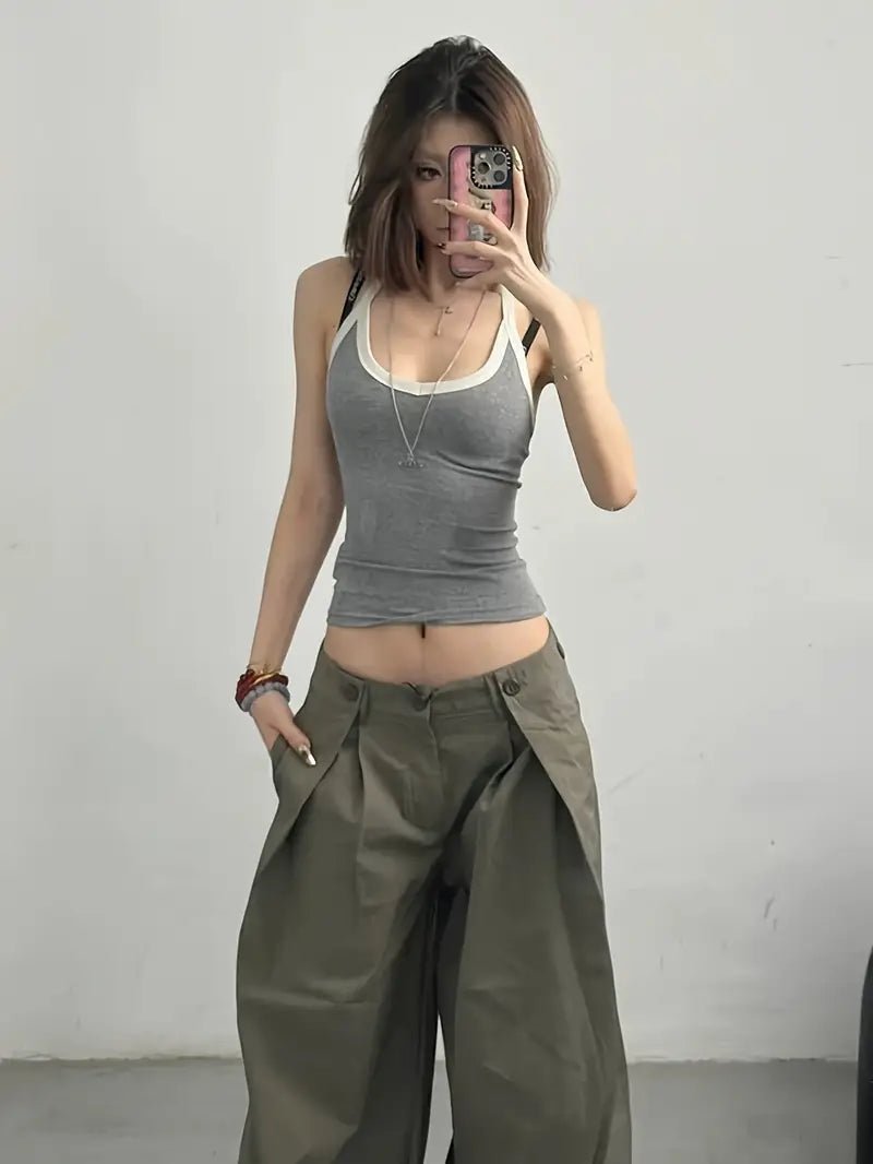 Top Corto Sin Mangas de Bloque de Color en Gris — Estilo Americano Vintage Casual Chic - BAKONE